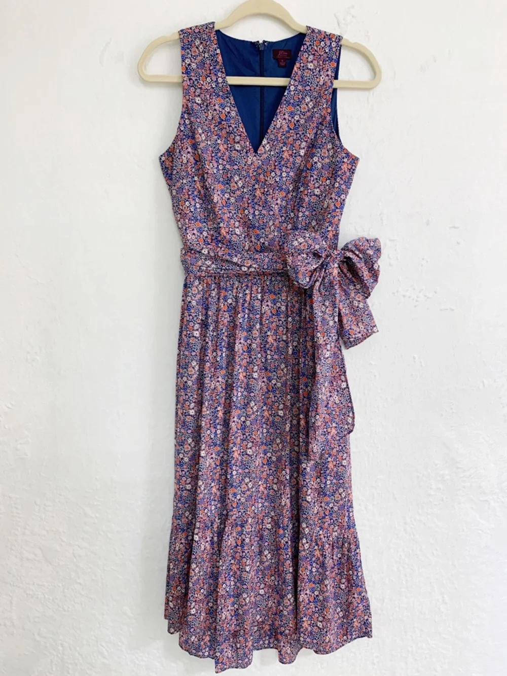 J. Crew Liberty Fabric Kayoko Deep Blue Floral Tie Waist Midi Dress Sz 4